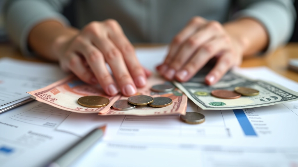 Hands organizing Canadian currency bills and coins on financial planning worksheet