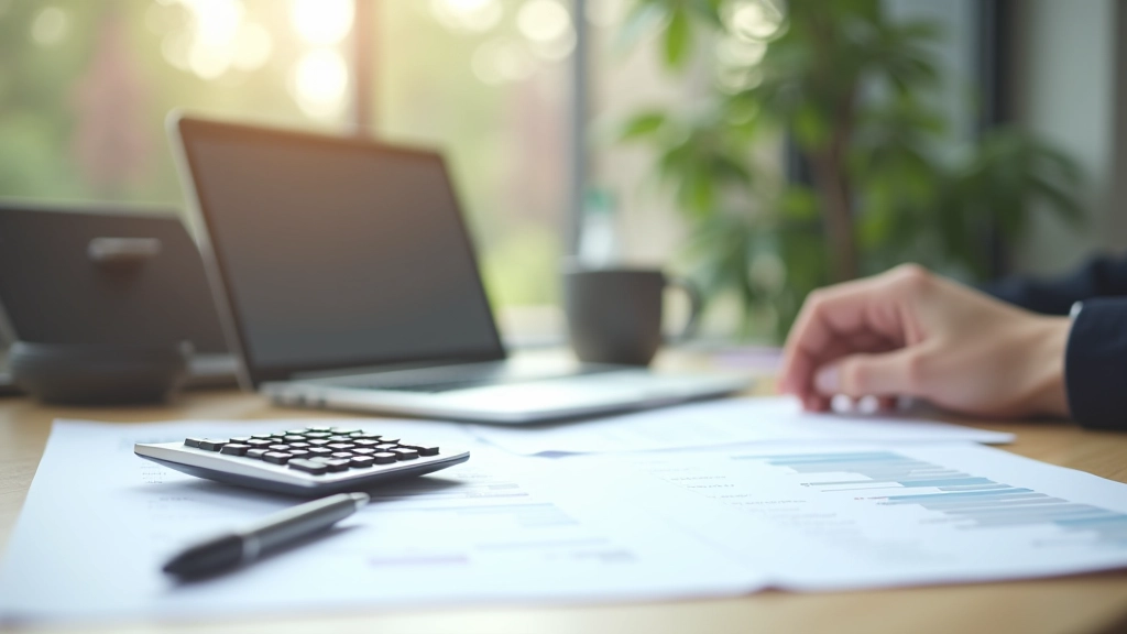 Modern financial planning workspace with calculator and savings documents