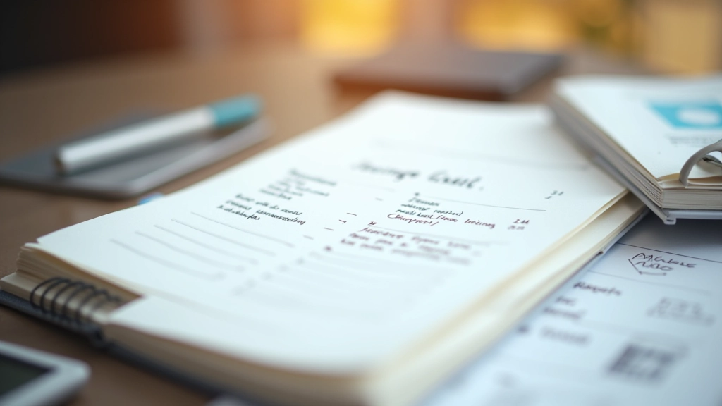 Notebook with handwritten financial planning notes and charts showing savings goals and account comparison