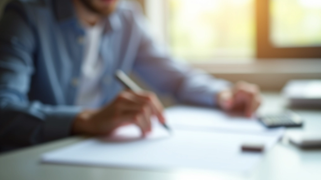 Professional person aged 35-40 reviewing financial documents and investment statements at desk with calculator and notebook