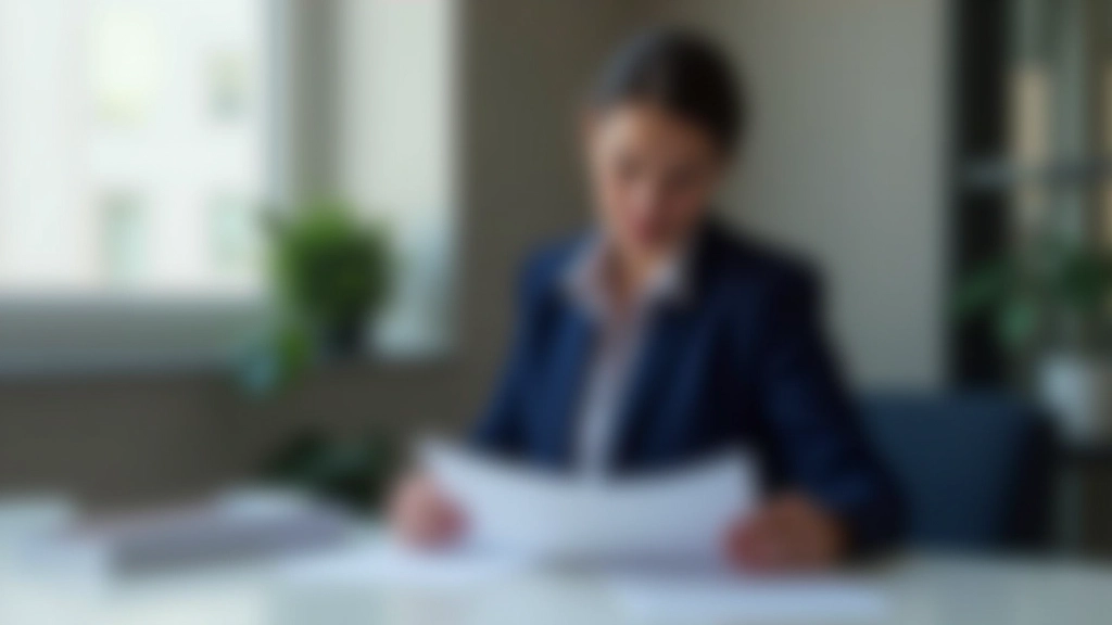 Professional woman at desk reviewing financial documents and RRSP statements with focused expression